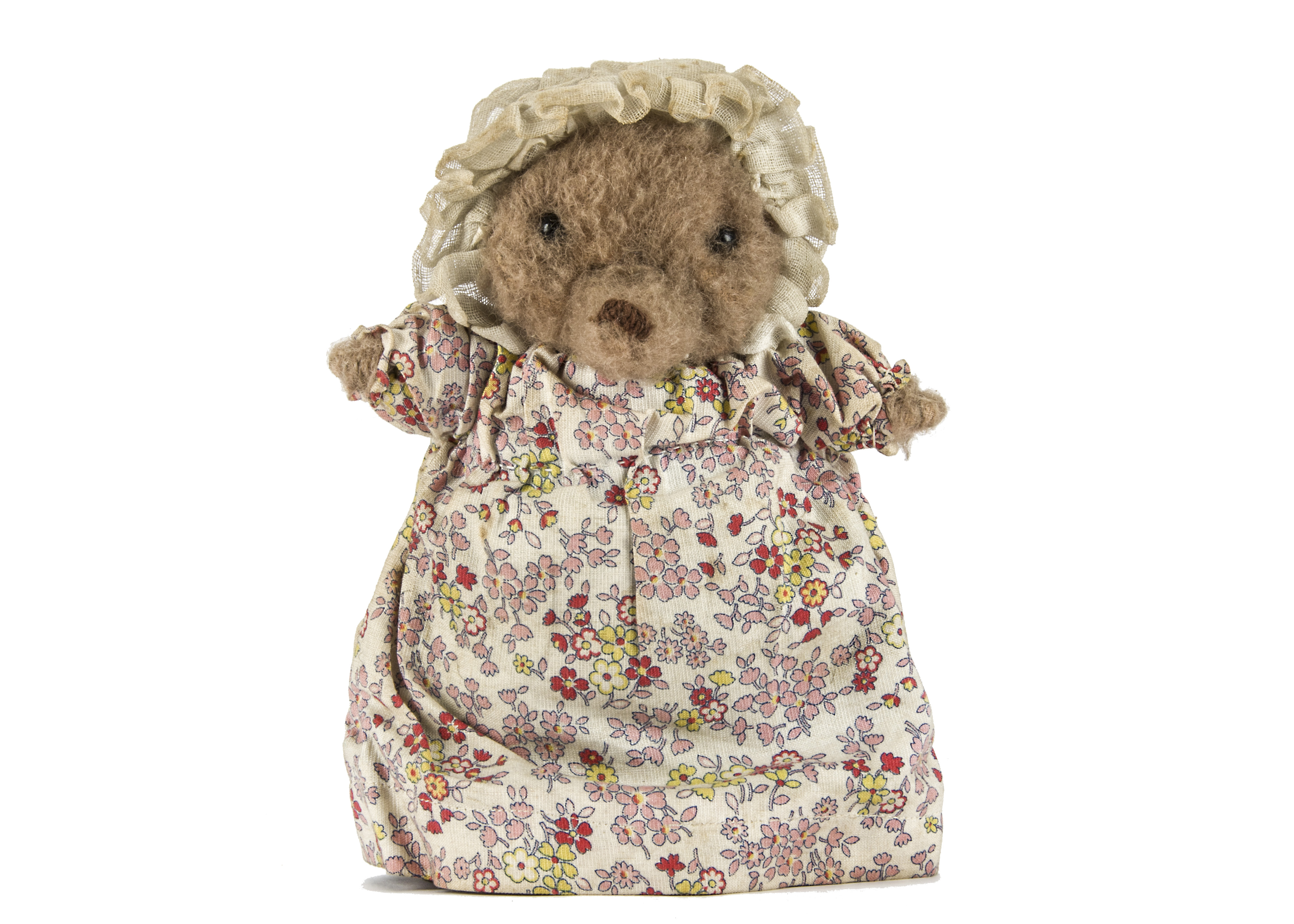 An unusual Beatrix Potter Mrs Tiggywinkle hedgehog, with brown wool plush, boot button eyes, brown