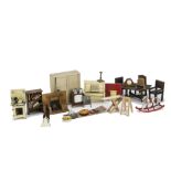 Mid 20th century British dolls’ house furniture: including Pit-A-Pat table and two chairs, a Dol-Toi