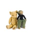 A Pedigree teddy bear and Norah Wellings monkey: the monkey with brown mohair, velvet face, hands