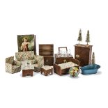 A cardboard set of dolls’ house furniture: covered with printed paper and gilt metal handles
