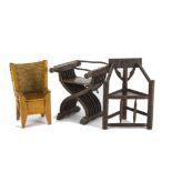 Three miniature replica wooden chairs: a 17th century oak Turner’s triangular chair -5¾in. (14.5cm.)