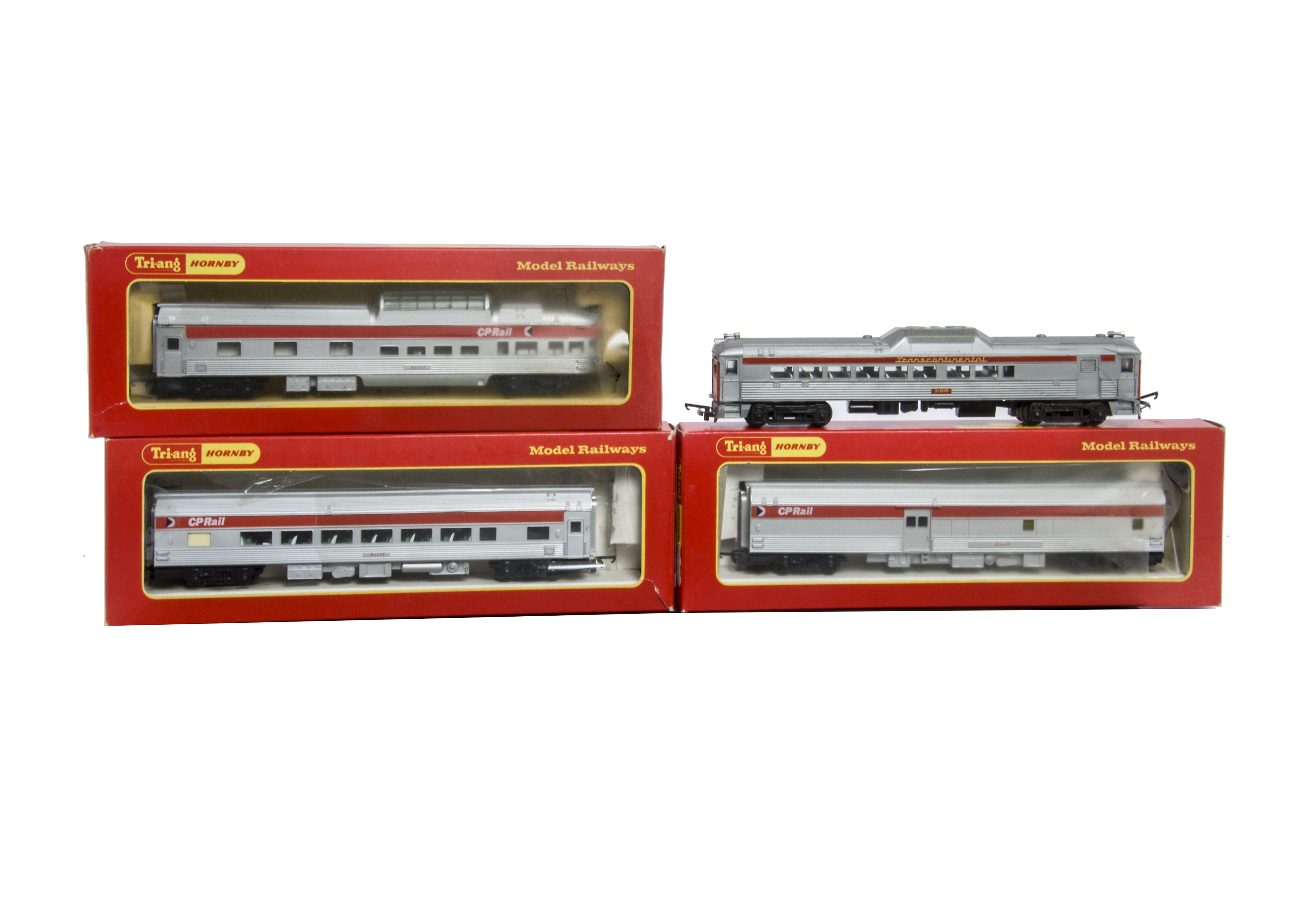 Tri-ang-Hornby 00 Gauge Transcontinental Budd Railcar and Boxed CPRail Coaching Stock, including