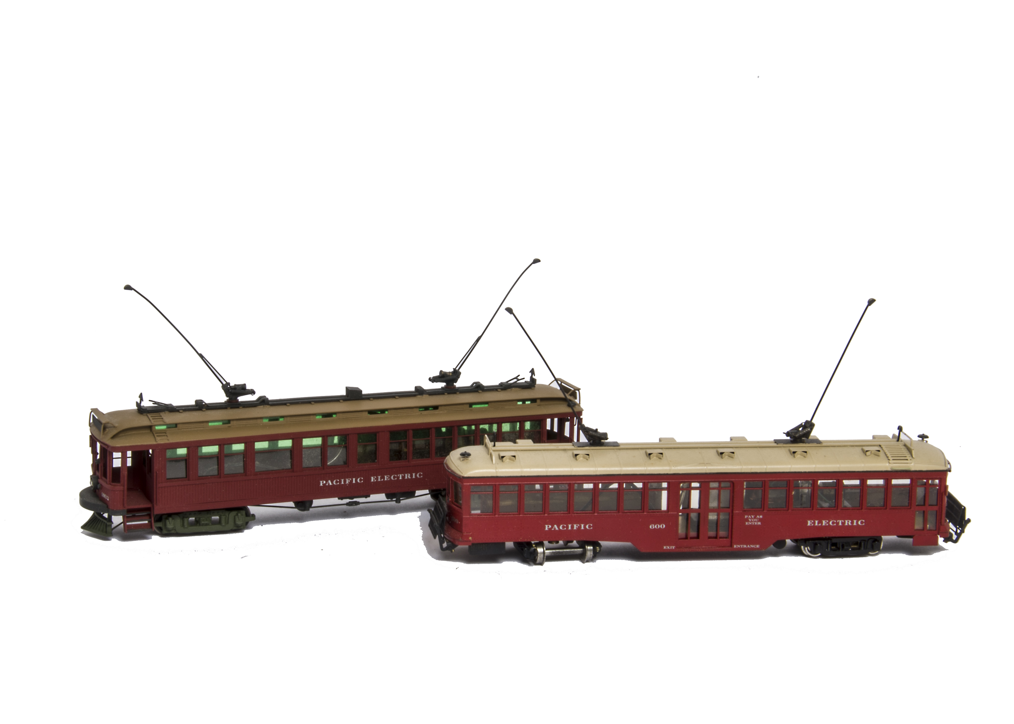 Two Japanese Brass H0 Gauge Pacific Electric Bogie Tramcars, both in PE red livery, comprising a