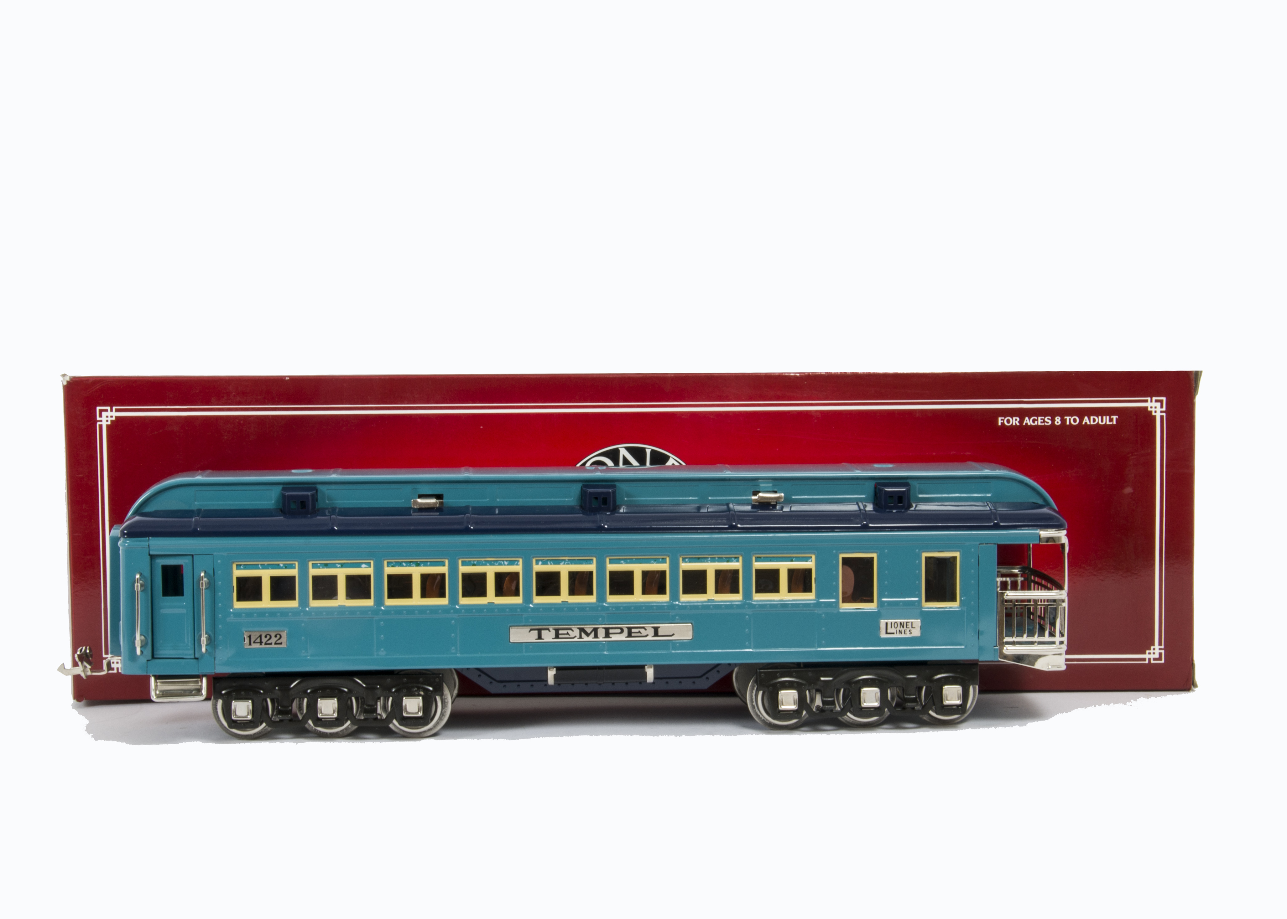 Modern Lionel Standard Gauge 3-rail 12-wheel Classic Coaches, in two-tone blue with cream window