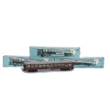 Four Märklin H0 Gauge 3-rail ref 4045 DSB Coaches, all in Danish State Railways (DSB) maroon as no