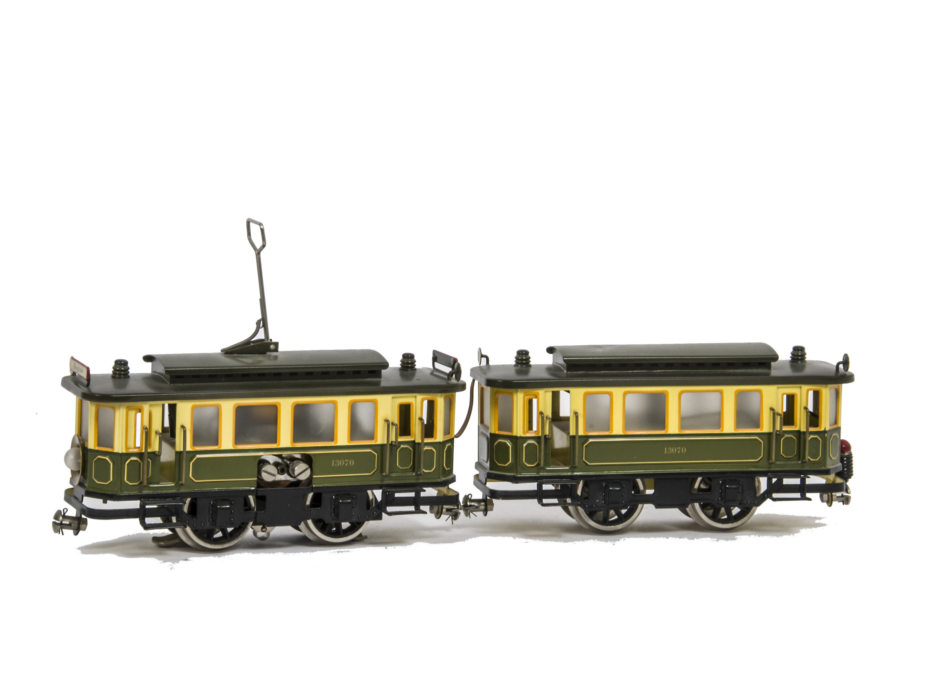 A Hehr (Märklin Reproduction) Continental 0 Gauge 3-rail Tram and Trailer Set, ref 13070, in green/