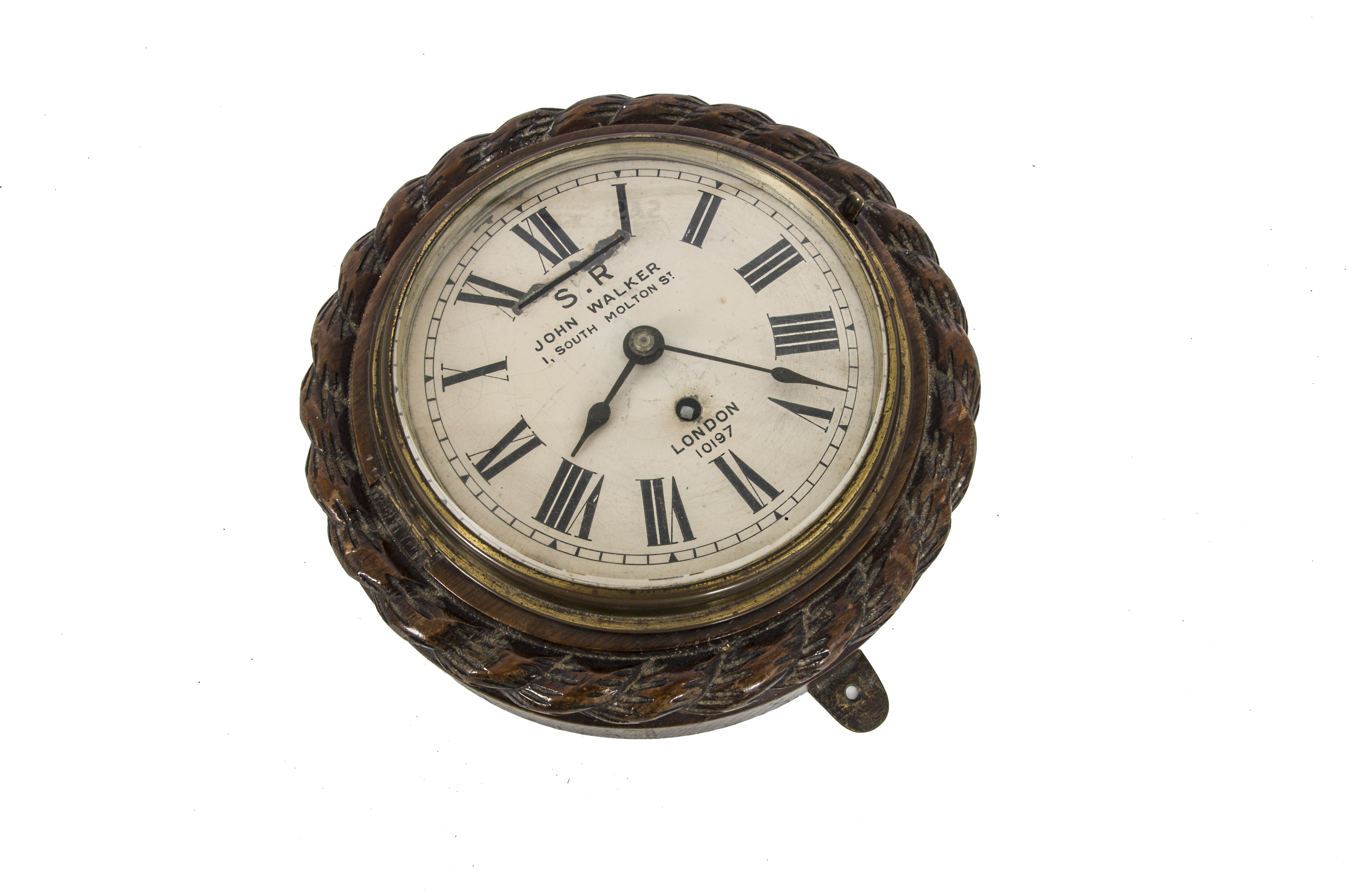 Pre-War Southern Railway Wall Clock, in circular carved oak rope work glazed case and brass bezel