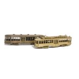 Two Japanese Brass H0 Gauge American Bogie Tramcars, in lacquered brass finish, comprising a low-