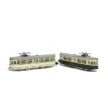 Two Hamo H0 Gauge Continental Bogie Tramcars, comprising motor car with pantograph in green/cream