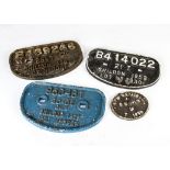 BR Shildon cast iron Wagon Plates, B414022 1952 in black and white, 950461 1978 in blue and