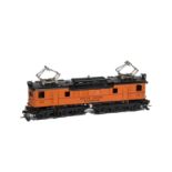 An NKP H0 Gauge South Shore RR Co-Co Electric Locomotive, in SSRR orange/black livery with red