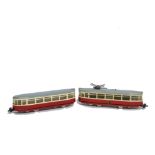 Hamo H0 Gauge Continental Bogie Tramcar and Trailer, comprising motor car with pantograph in red/