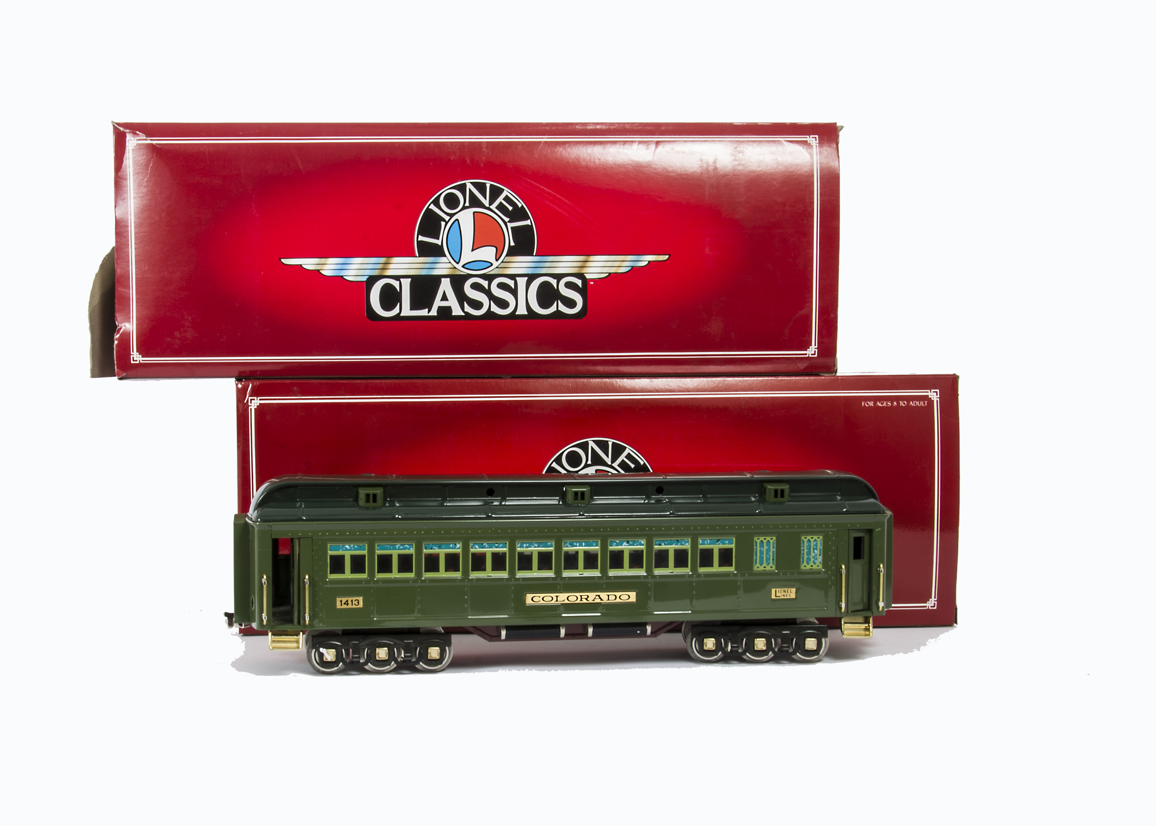 Modern Lionel Standard Gauge 3-rail 12-wheel Classic Coaches, in green with light green windows,
