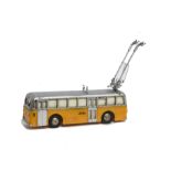 An Uncommon Silvine (Japan) H0 Gauge 2-axle Trolleybus, with plastic body in yellow/silver (