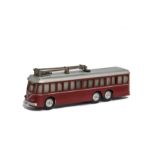 A Rivarossi H0 Gauge 3-axle Alfa-Romeo Trolleybus (Minobus), with plastic body in red with silver