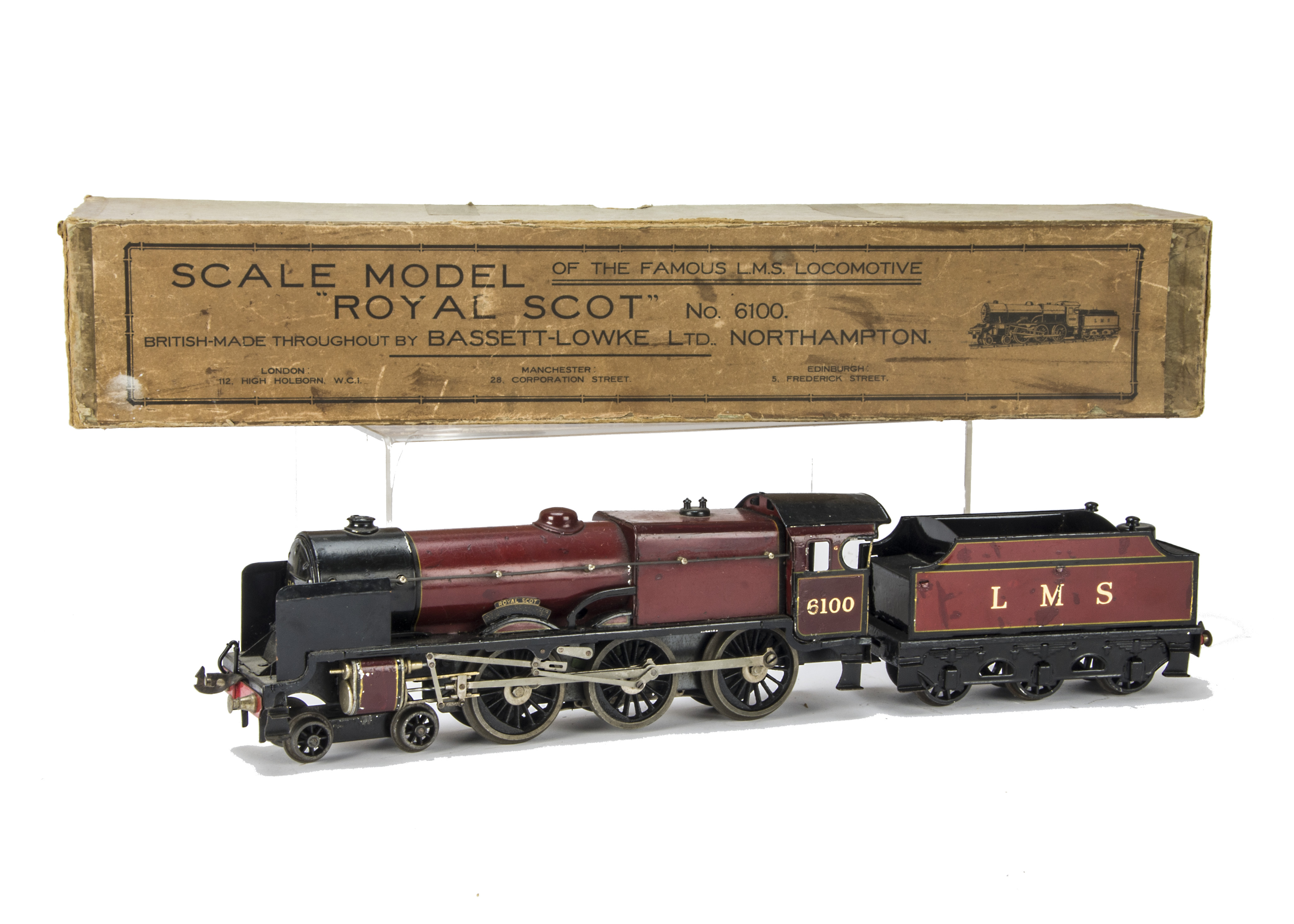 A Bassett-Lowke 0 Gauge 3-rail Electric LMS ‘Royal Scot’ Locomotive and Tender, ref 4303/0, in tin-
