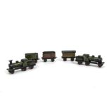 Hess or similar Railway Penny Toys, two six wheel locomotives in green No 291 and three coaches, all