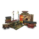 Hornby 0 Gauge Trains and Accessories, with an incomplete red M1 locomotive, bogie LMS cattle