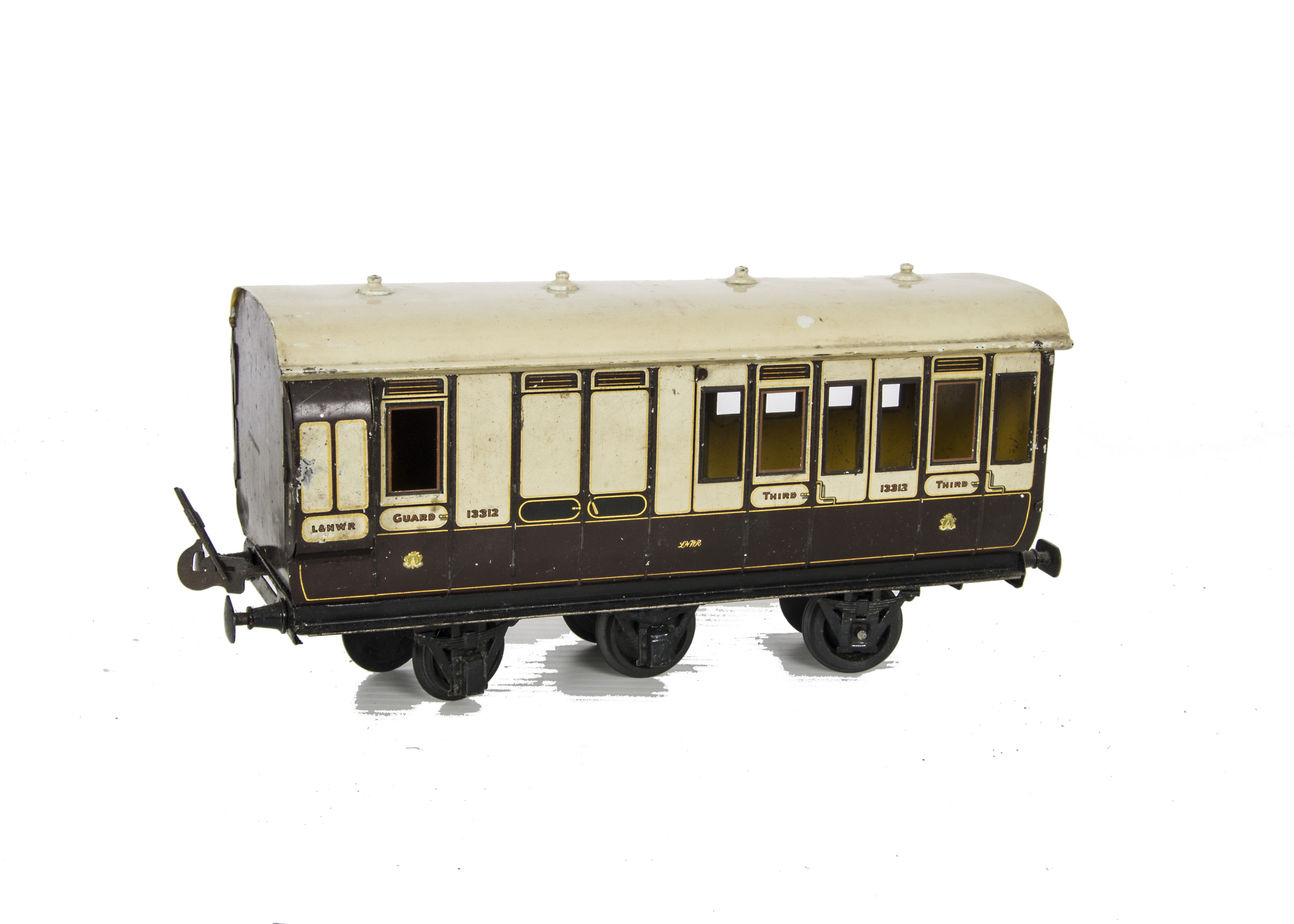 A Carette Gauge I LNWR 6-wheeled ‘Cleminson’ Brake/3rd Coach, in brown/ivory as no 13312, G,