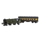 A Hornby 0 Gauge Clockwork No 2 Special Tank Locomotive and Pullman Car, the loco in GWR green as no