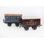 Hornby 0 Gauge Seccotine & Jacobs ‘OAG’ Vans, both on ‘OAG’ underframes with hinged doors, Jacob’s a