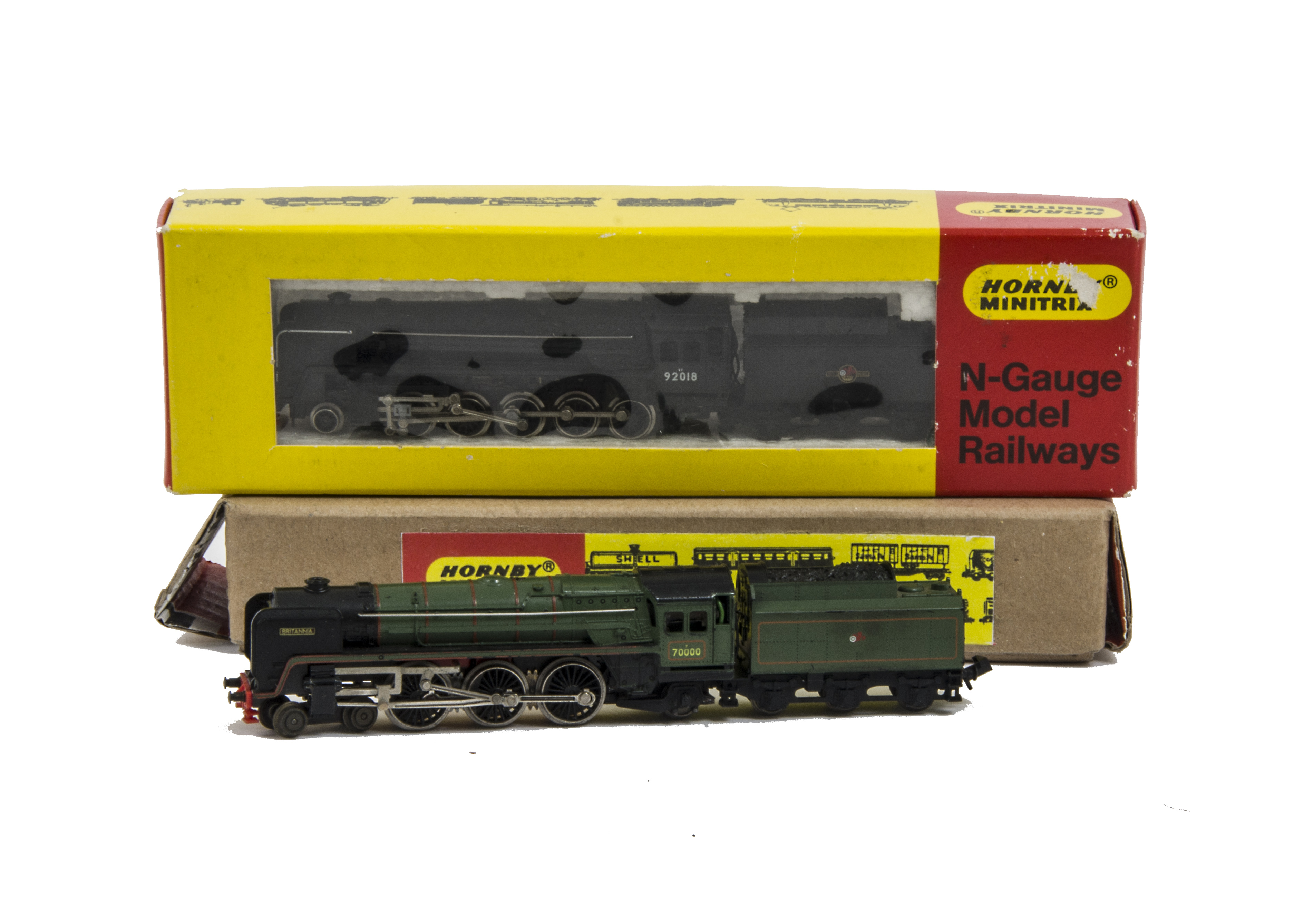 Minitrix N gauge Locomotives, 203 BR green ‘Britannia’ and 207 BR black 9F 2-10-0, both in