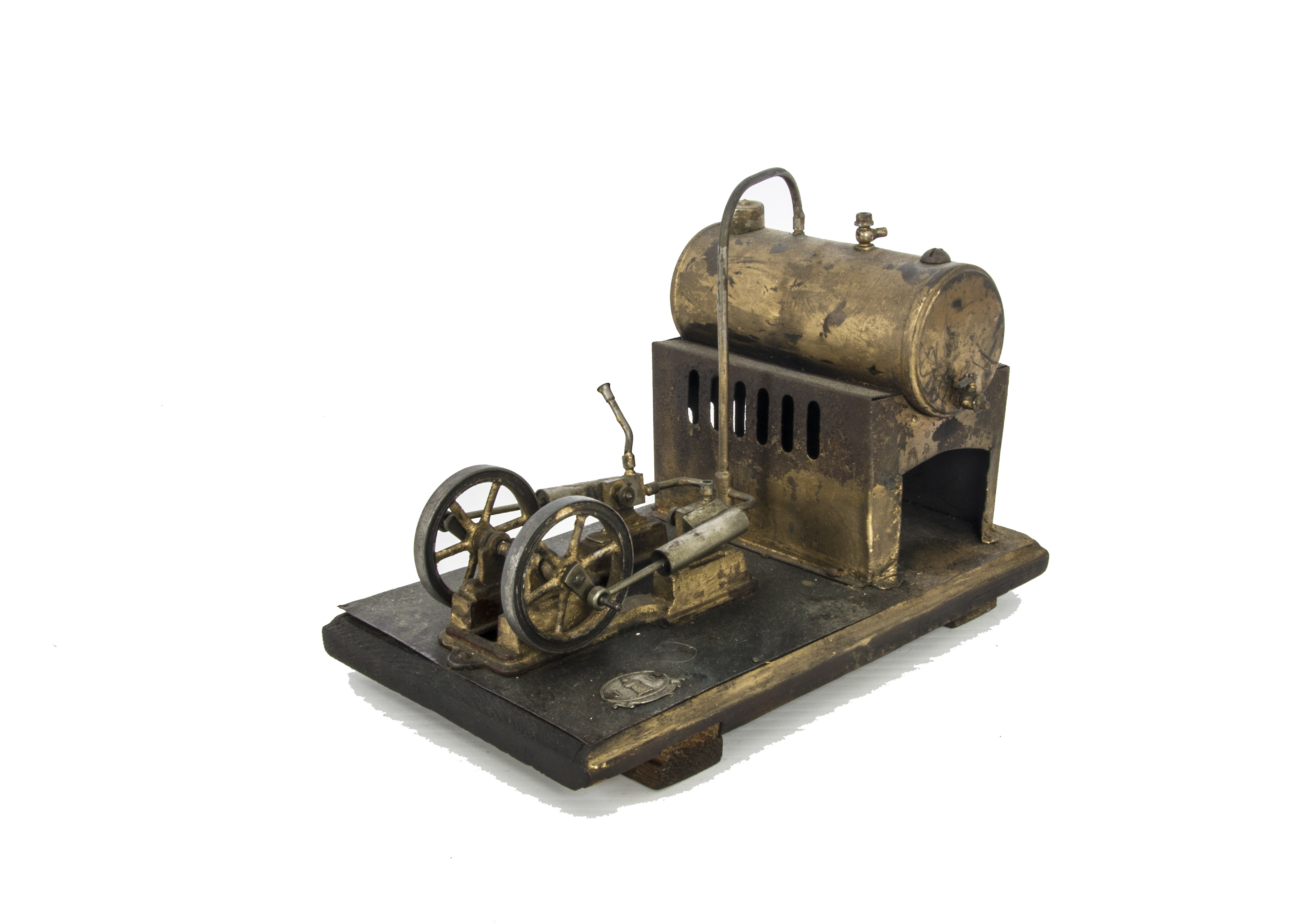 A Twin-Cylinder Horizontal Stationary Steam Engine by Falk, with cast engine bed supporting the