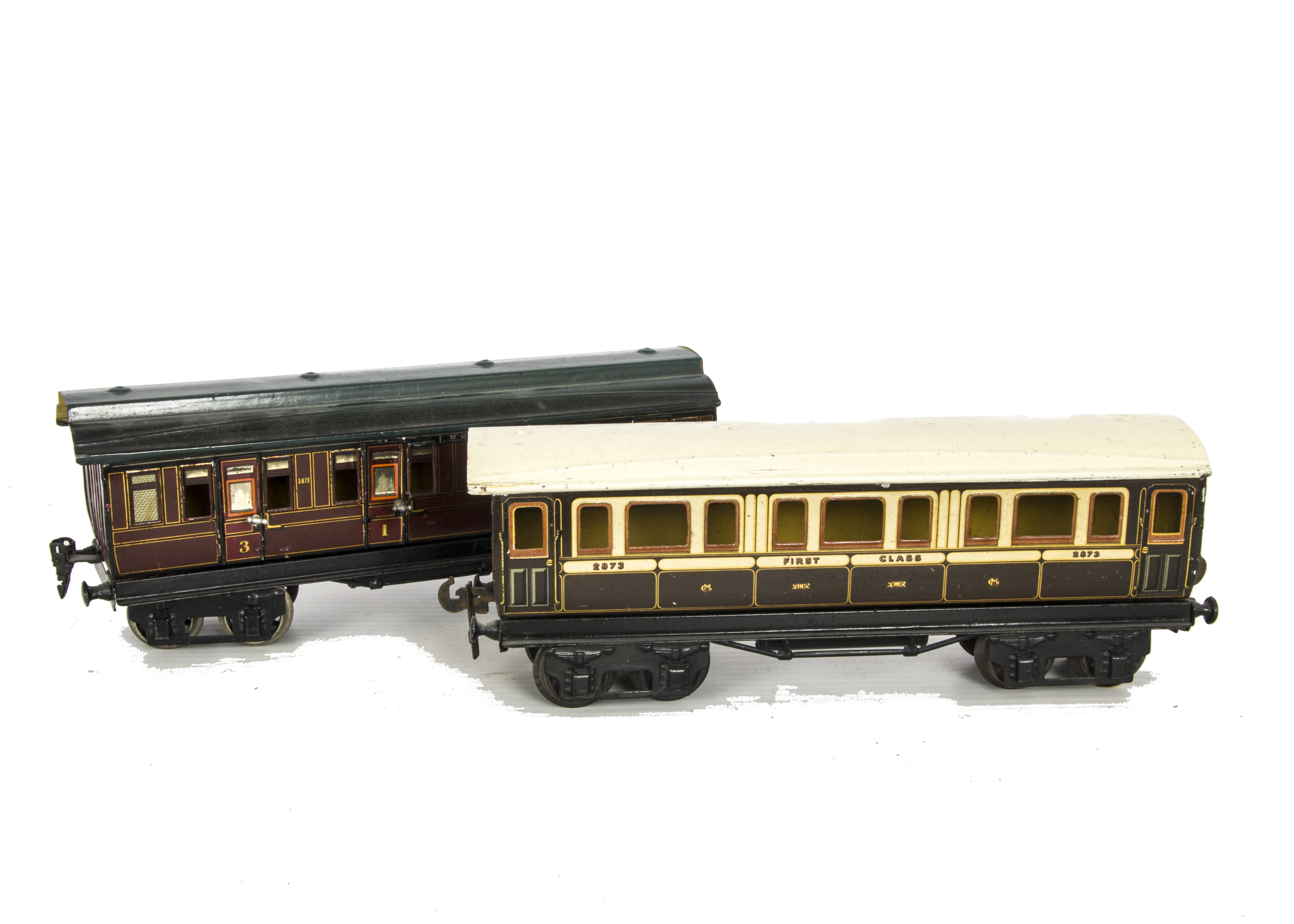 Two Märklin Gauge I Bogie Coaches, comprising LNWR 1st class saloon no 2873 in brown/ivory, G,