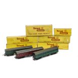 Tri-ang TT BR red and green Suburban coaches, T80 maroon 1st/2nd with 1st decals, T130 green 1st/2nd