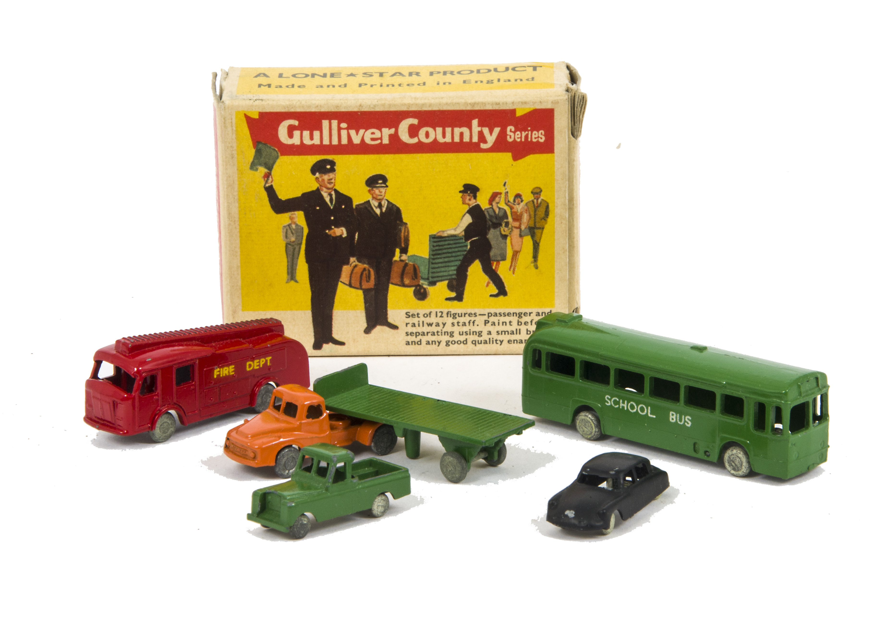 Lone Star 000 Gauge Pushalong Trains Gulliver Country 168 Vehicle Set, comprising Fire Engine,