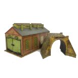 Hornby 0 Gauge No 2 Engine Shed and Tinplate Tunnel, the engine shed with clockwork rails, both F,