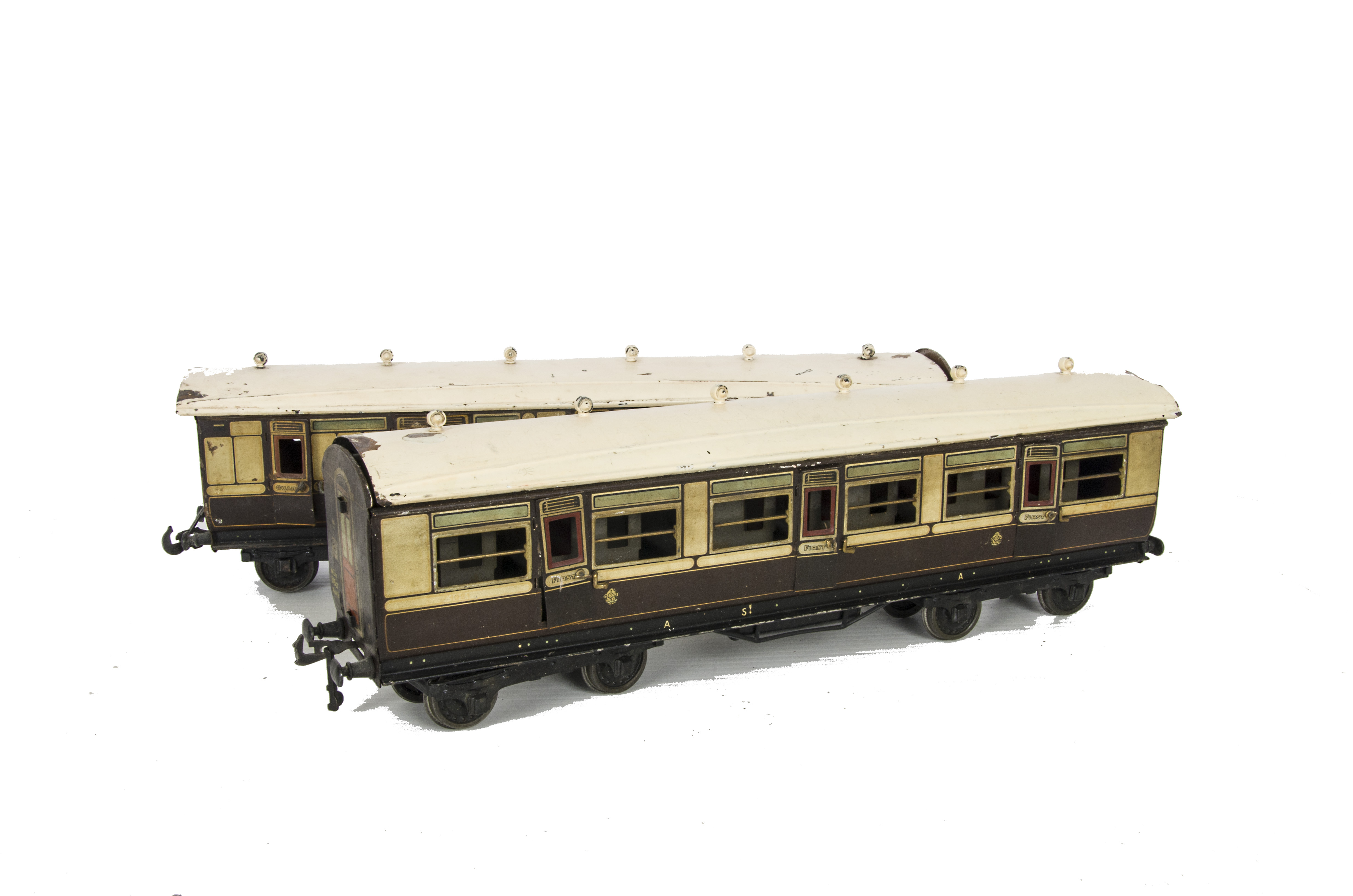 Two Bing for Bassett-Lowke Gauge I LNWR 1921 series Bogie coaches, a 1st class coach and a brake/3rd