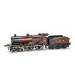 A Bassett-Lowke 0 Gauge Clockwork LMS Compound Locomotive and Tender, in tin-printed LMS crimson