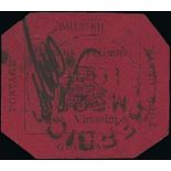 British Guiana 1856 surface-coloured paper, 4c. black on magenta with outer corners cut, initialle