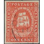 British Guiana 1853 original printing, 1c. vermilion (Type 8) with good to large margins, lightly