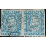 British Guiana 1860 (May) corners framed, 4c. blue horizontal pair with small to large margins, li