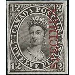 Canada 1851 Laid Paper, Imperforate 12d. black imperforate plate proof on wove paper, overprinted "