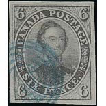 Canada 1851 Laid Paper, Imperforate 6d. brown-purple with good to large margins, cancelled by blue