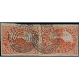Canada 1852-57 Handmade Wove Paper, Imperforate 3d. red horizontal pair with good to large margins,