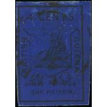 British Guiana 1852 (Jan.) surface-coloured paper, 4c. black on deep blue with small to good margi