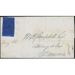 British Guiana 1852 (Jan.) surface-coloured paper, 4c. black on deep blue with good to large margi