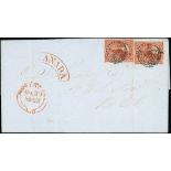 Canada 1852-57 Handmade Paper, Imperforate 3d. deep red (2), both with good margins and tied by tar