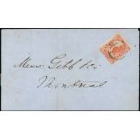 Canada 1851 Laid Paper, Imperforate 3d. orange-vermilion with small to large margins, tied by targe