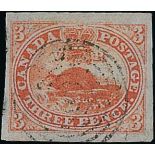 Canada 1851 Laid Paper, Imperforate 3d. orange-vermilion with good to large margins, lightly cancel