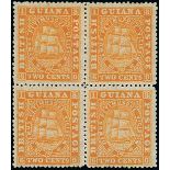 British Guiana 1860-75 Ship Issues 1875-76 Medium Paper, Perf. 15 2c. orange block of four, unused