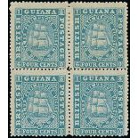 British Guiana 1860-75 Ship Issues 1875-76 Medium Paper, Perf. 15 4c. bright blue block of four, un