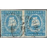 British Guiana 1853-55 4c. blue horizontal pair with good to large margins, the right stamp retouc