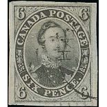 Canada 1852-57 Handmade Wove Paper, Imperforate 6d. greenish grey with good margins, lightly cancel