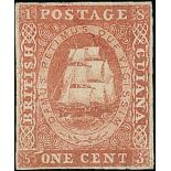 British Guiana 1853 1c. imperforate plate proof in reddish brown on wove paper, clear margins, tin