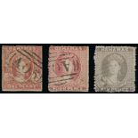 Bahamas Issued Stamps 1861-62 no watermark, rough perf. 14 to 16, 1d. lake, 4d. dull rose and 6d. g